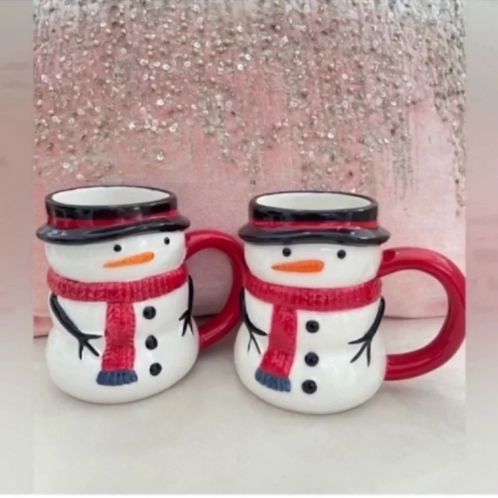 Set of 2 Christmas Snowman Mug Winter Red Scarf Seasonal Dining